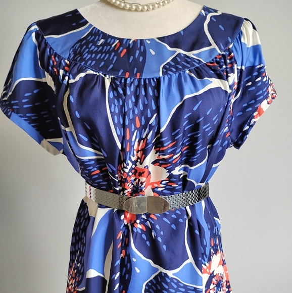Victor Alfaro 100% Silk Navy Blue Floral Shift Dress Colorful Day Evening Sz 10 - Picture 13 of 16